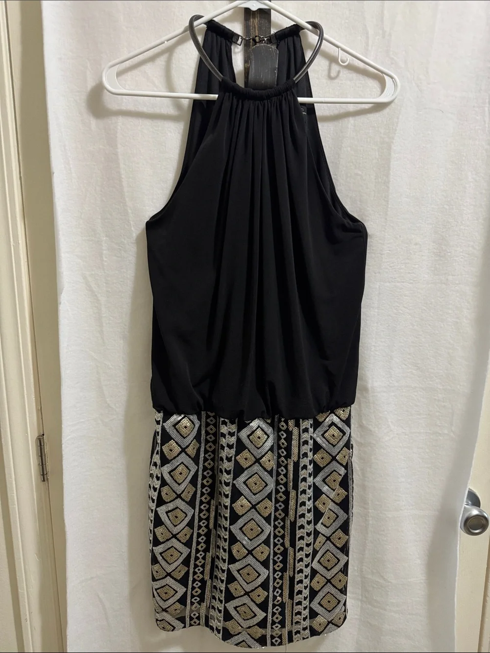 Jessica Simpson Black Halter Dress with Gold & Cream Beaded Skirt